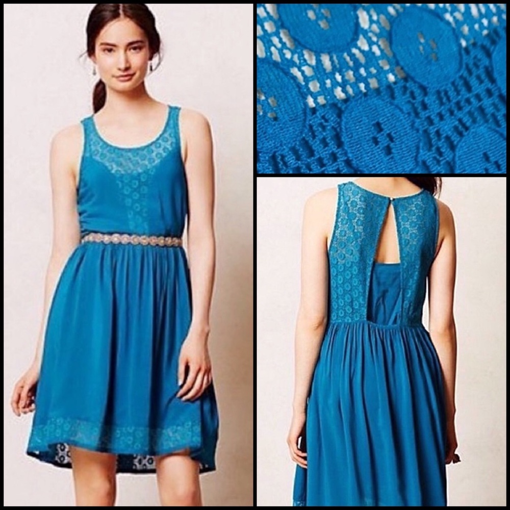 Anthro Lilka Crochet Lace Cutout Panel Bright Blue A-Line Swing Dress w/Pockets